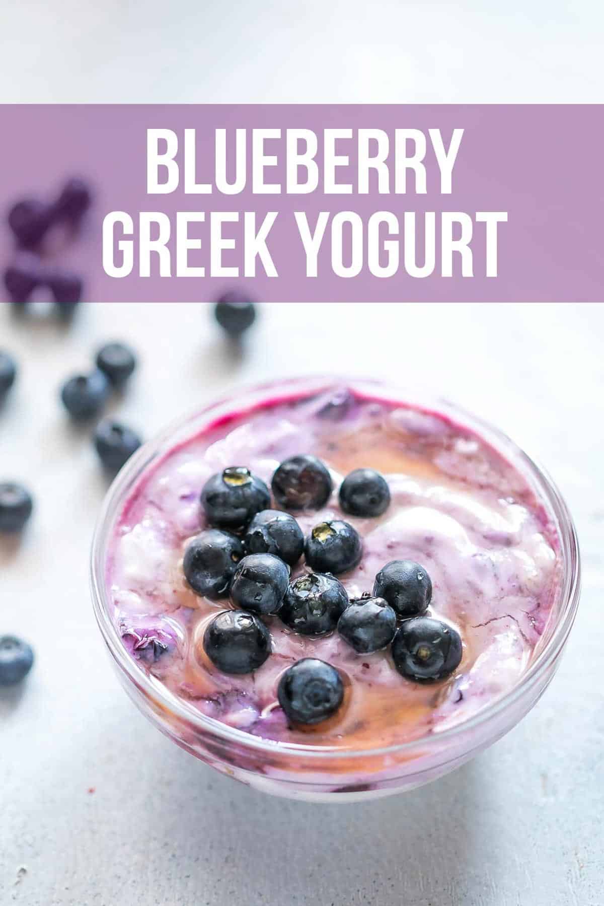 Blueberry greek yogurt served in a bowl with blueberries and honey drizzled on top