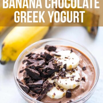 Banana Chocolate greek yogurt topped with grated chocolate and bananas and served in a bowl