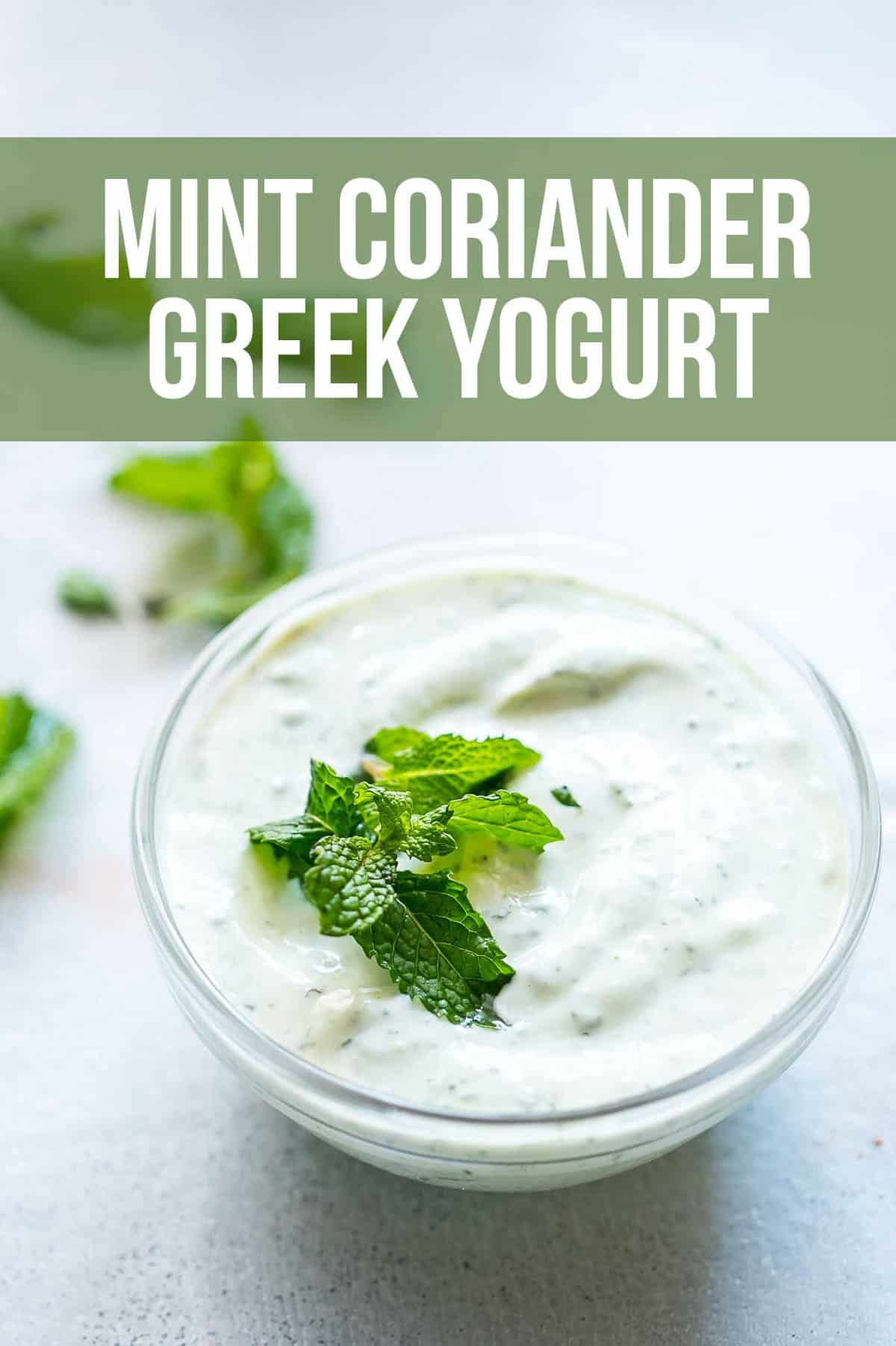 mint coriander greek yogurt served in a bowl with fresh mint on top