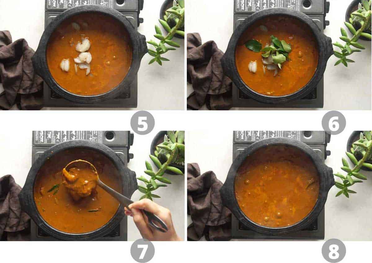 Step by step picture collage showing how to cook the prawns in the curry