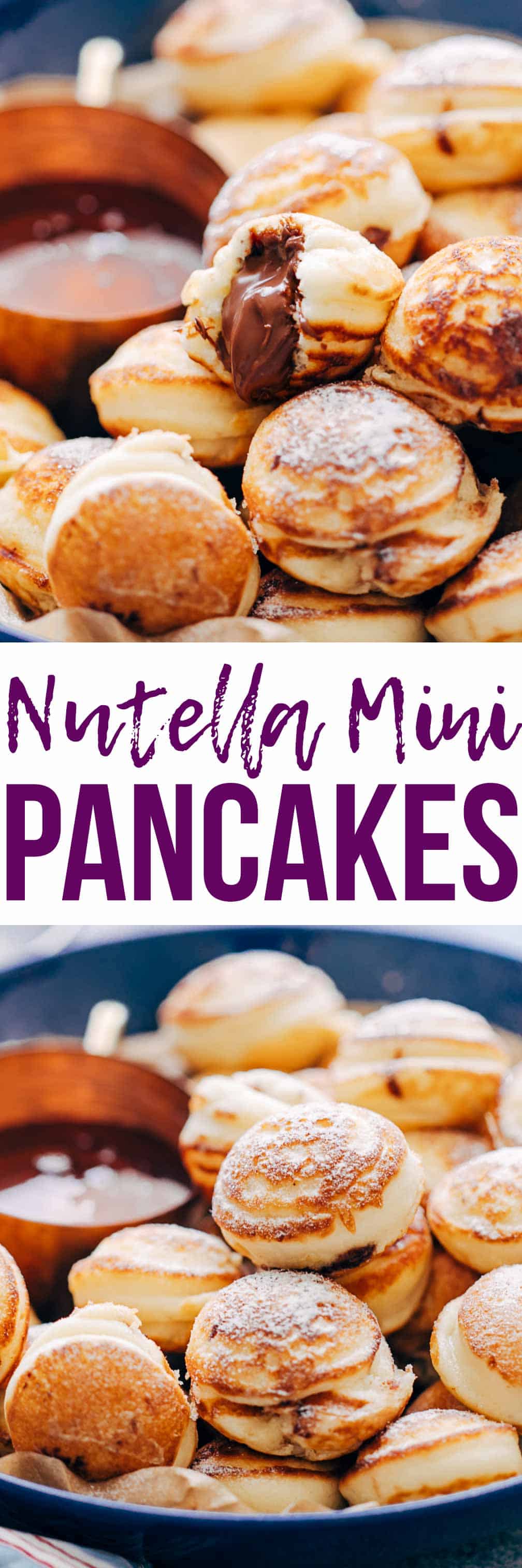 Chocolate Stuffed Mini Pancake Bites collage with text overlay.