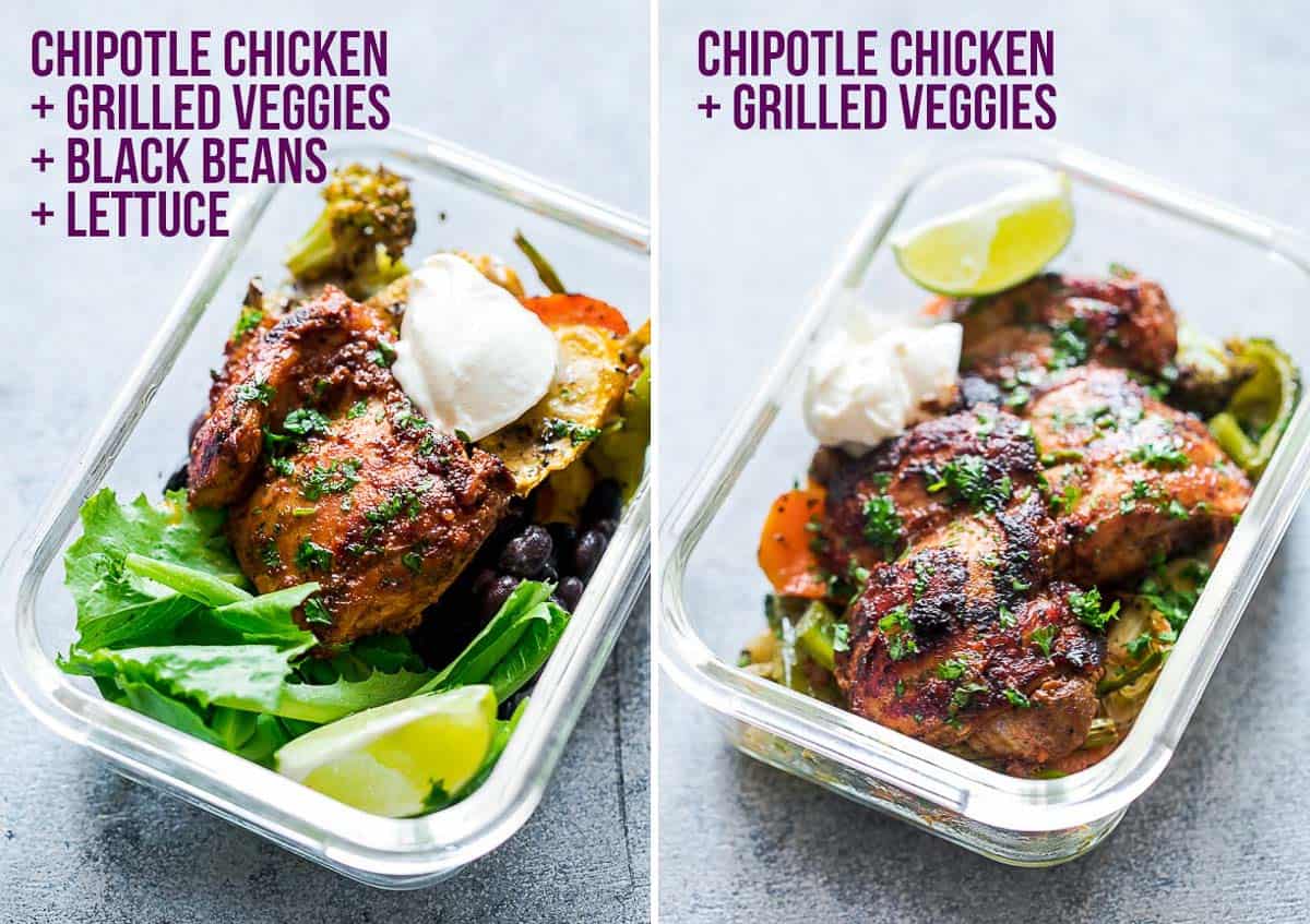Chipotle Chicken with grilled veggies, black beans and lettuce.