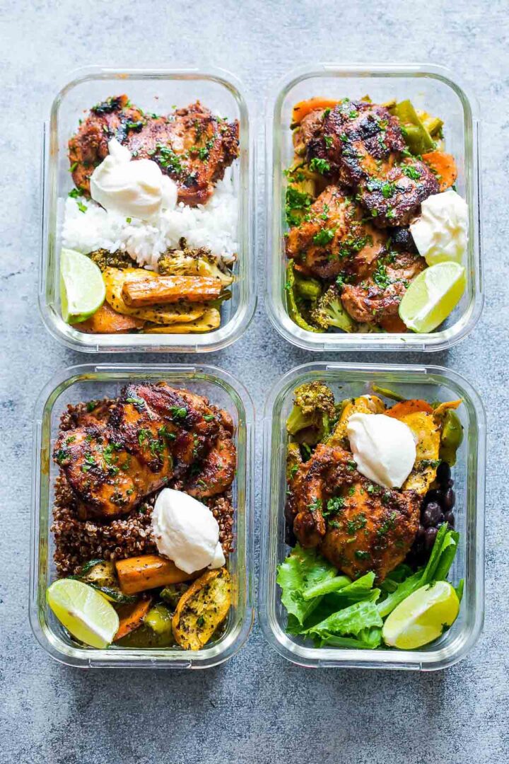 Chipotle Chicken Meal Prep Lunch Bowls in 4 containers.