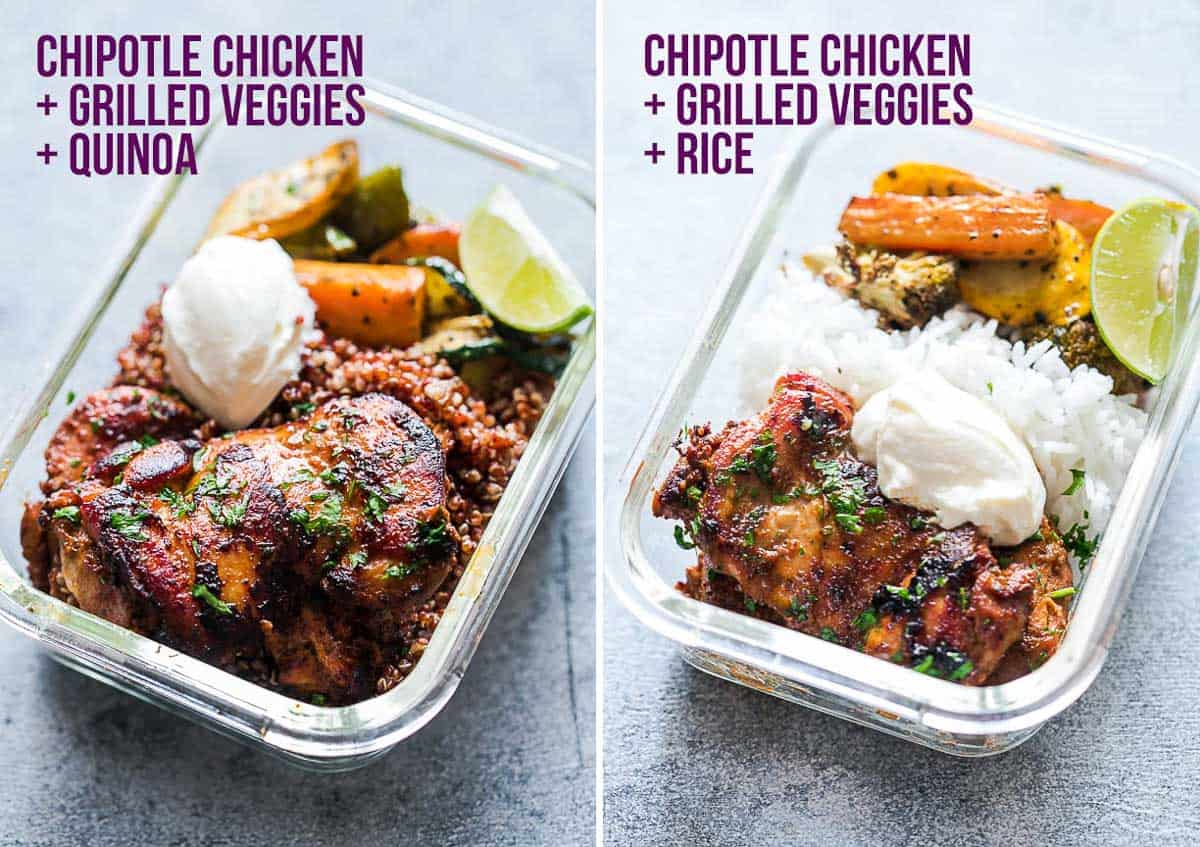 Chipotle Chicken with grilled veggies and quinoa/rice.