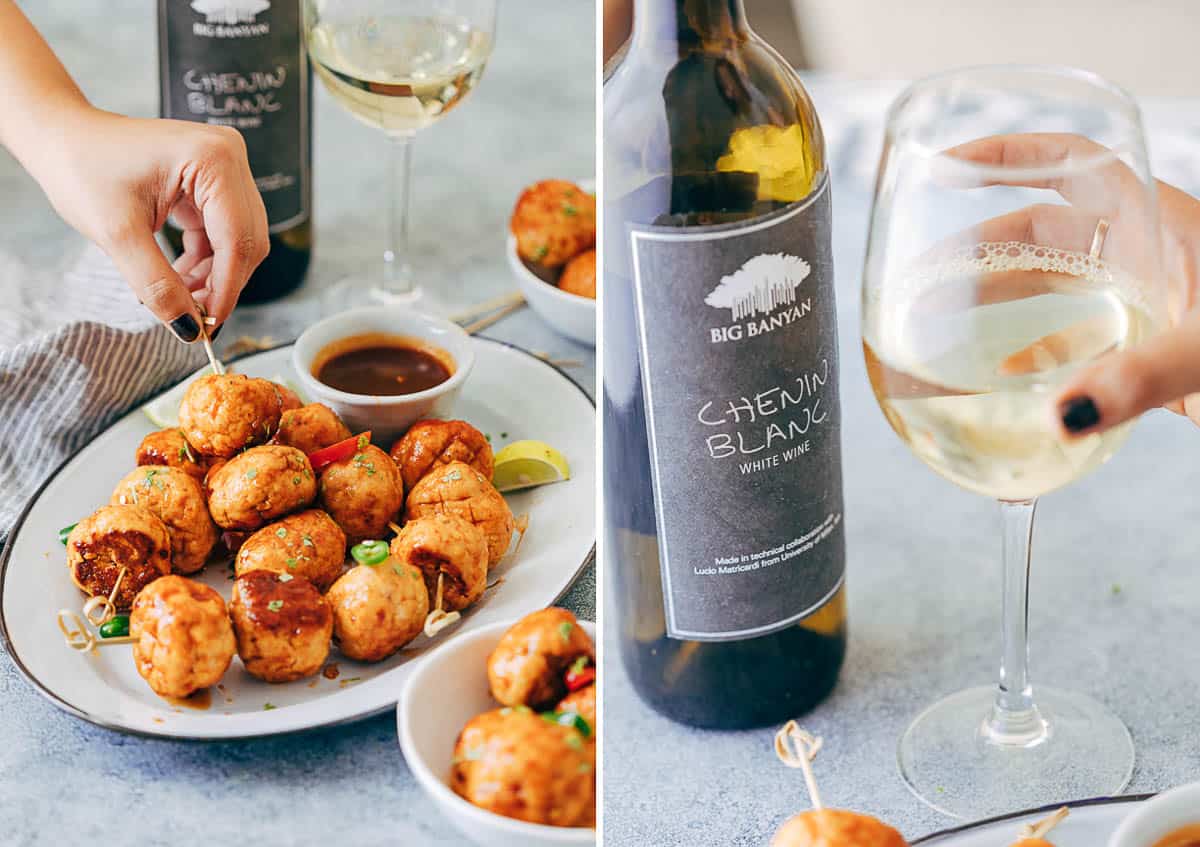 Enjoy these super juice baked firecracker chicken meatballs with a glass of white wine, which helps balance out the flavours.