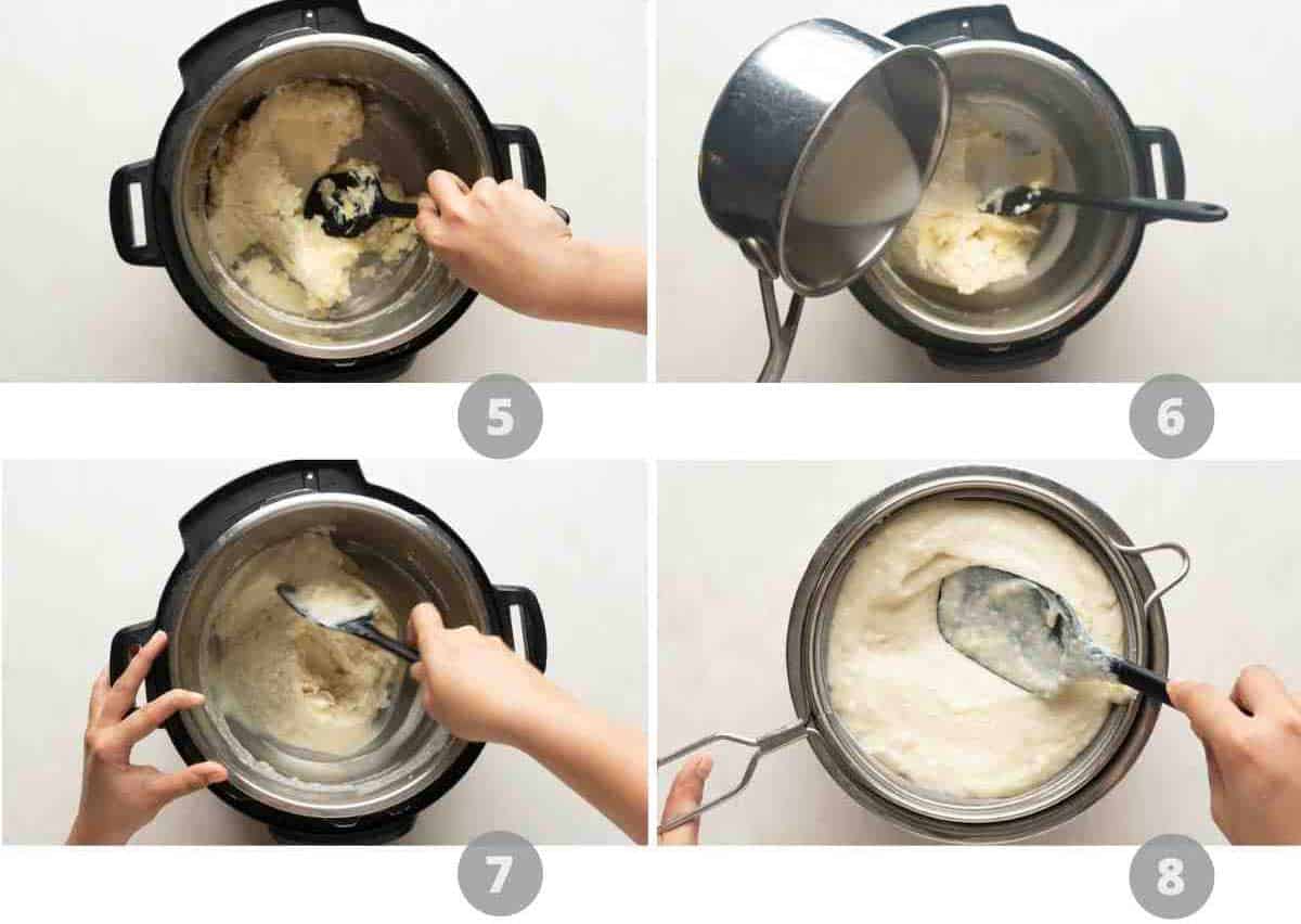 Step by step picture collage showing how to make mashed potatoes in the instant pot