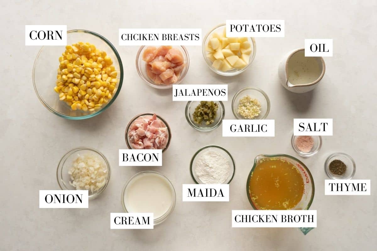 Picture of ingredients required for IP Chicken Potato Corn Chowder with text to identify them