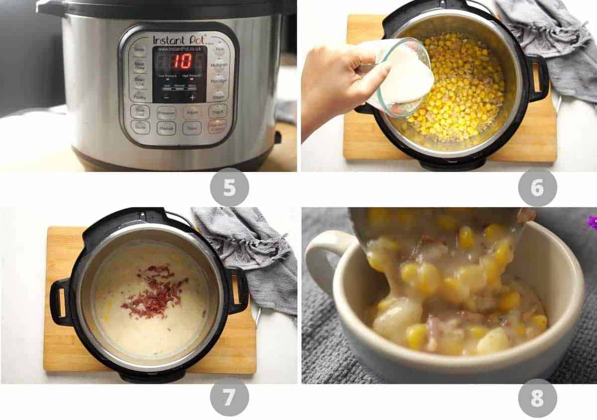 step by step picture collage showing how to make chicken potato corn chowder in the instant pot