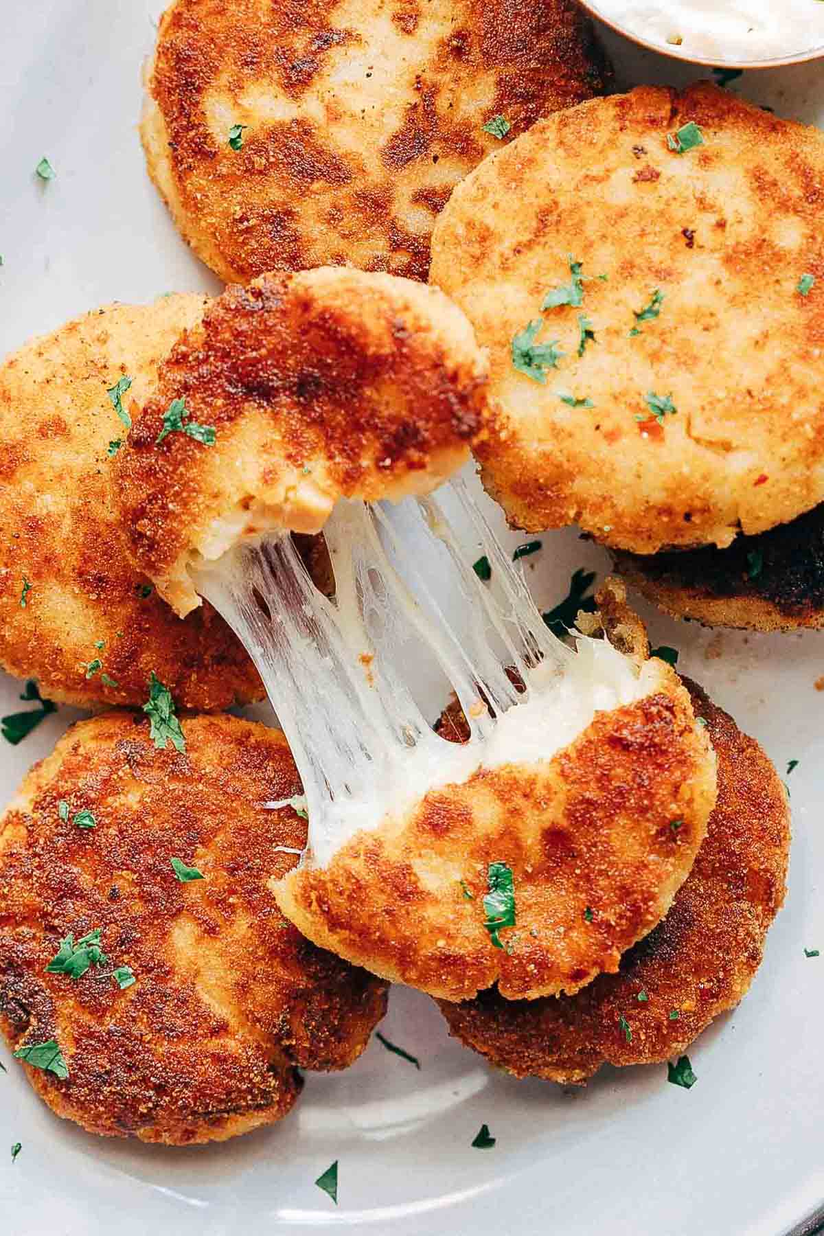 Picture of Leftover Mashed Potato Ham Cakes showing how cheesy these are!