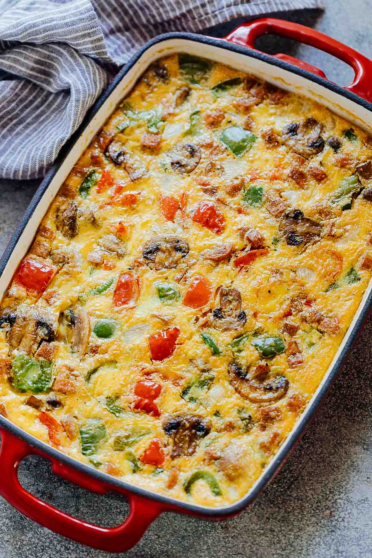 Baked Denver Omelet Breakfast Casserole in a baking dish straight out of the oven