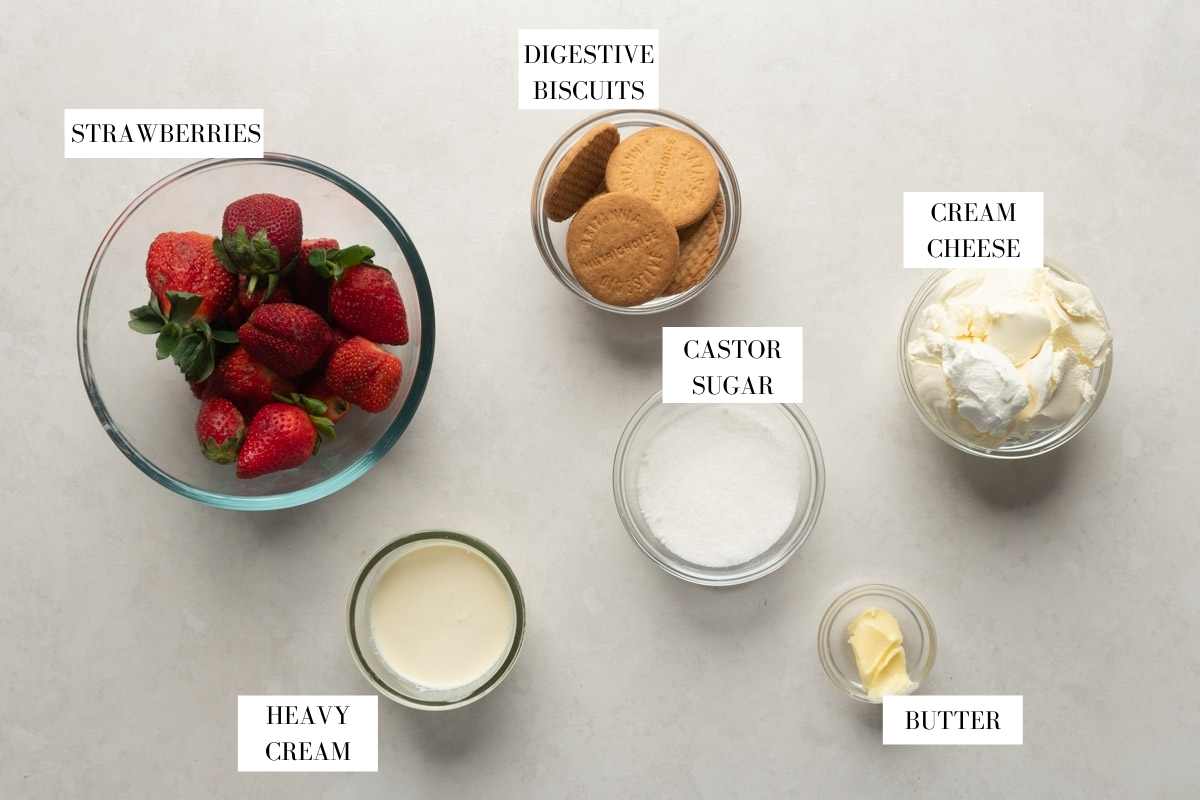 Picture of ingredients used for strawberry cheesecake jars with text to identify them