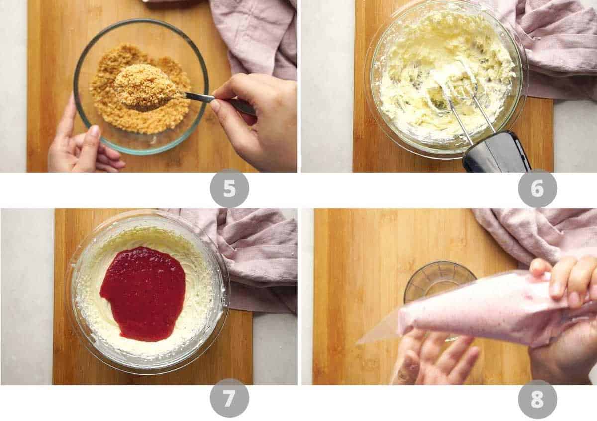Picture collage showing how to make strawberry cheesecake step by step