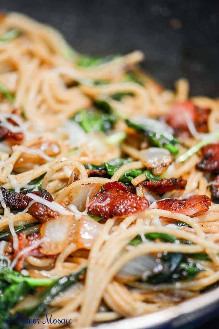 Closeup of bacon spaghetti florentine pasta