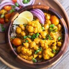 Cauliflower Chickpea Coconut Curry served as a wholesome meal in a bowl.