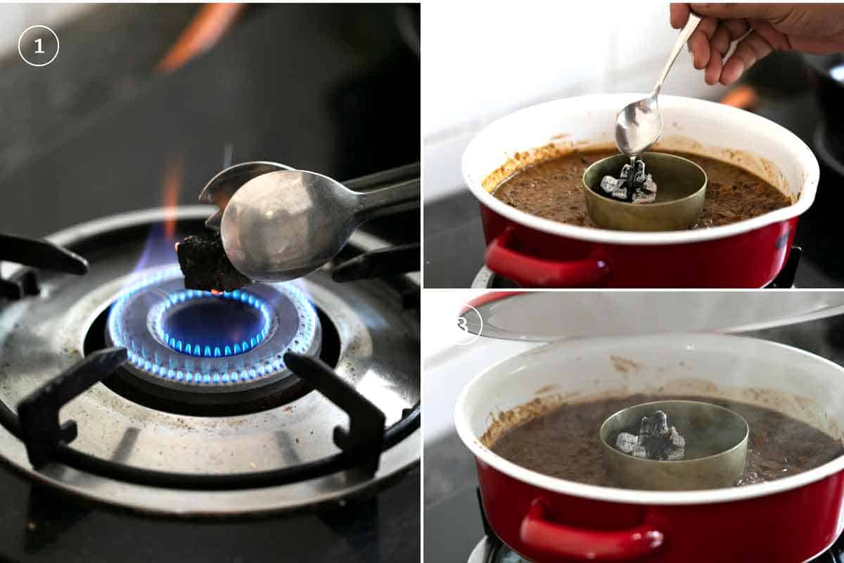 Pictures to show the three step process for smoking dal makhani to make restaurant style dal makhani at home