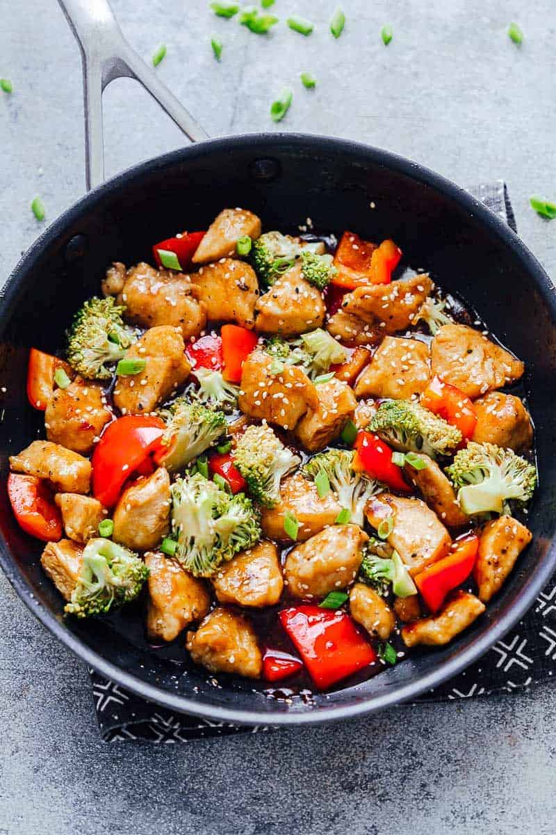 Easy teriyaki chicken stir fry, straight from the stove in a pan