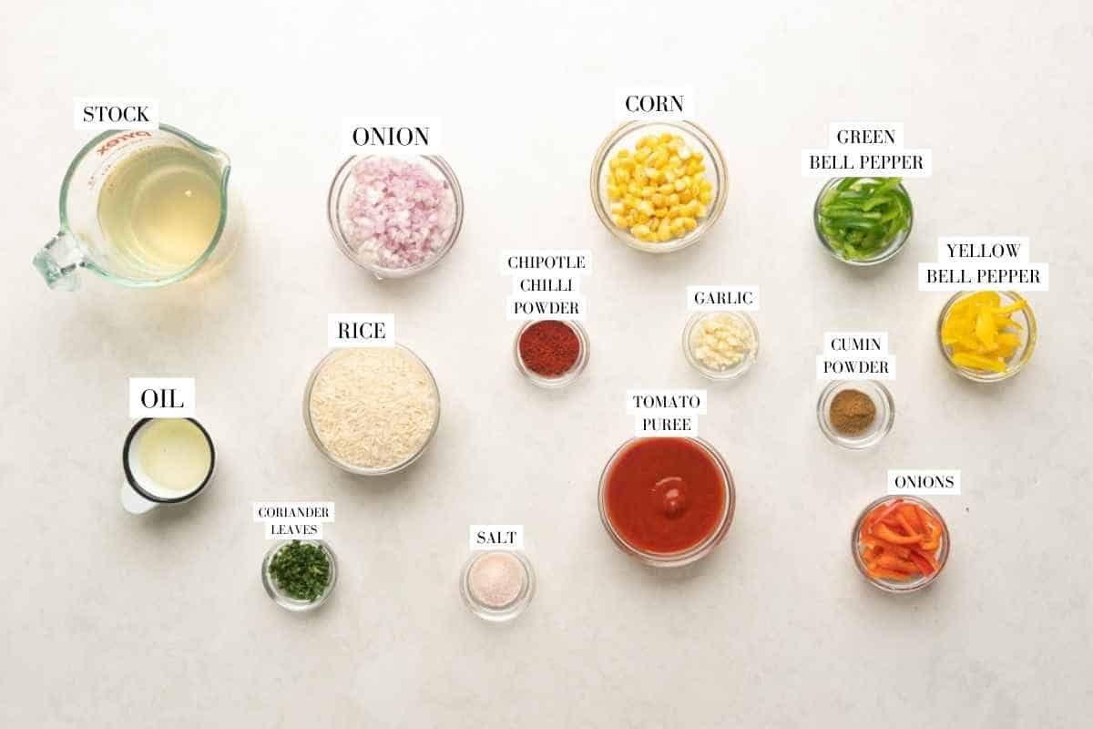 Picture of all the ingredients for Instant Pot Mexican Rice with text to identify them