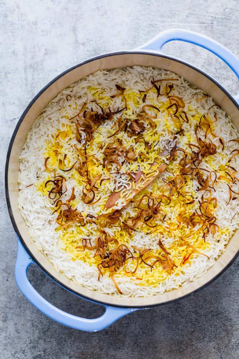 Chicken Biryani served in a dutch oven straight from the stove