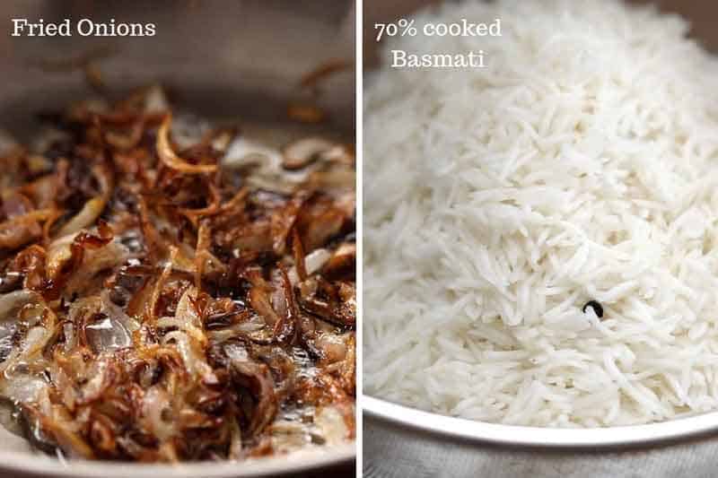 Fried onions and basmati rice are two key ingredients in chicken biryani. A closeup of both is shown in the picture to give you an idea of the level of doneness and colour