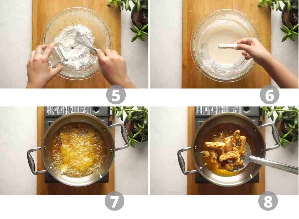 Step by step picture collage showing how to batter coat the potatoes and fry them