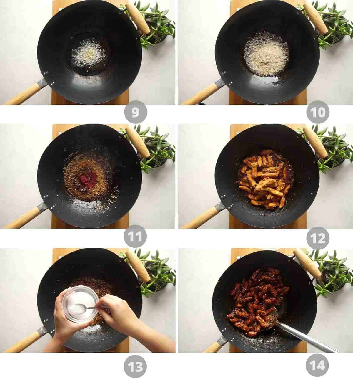 Step by step picture collage showing how to stir fry fried potatoes in honey chilli sauce