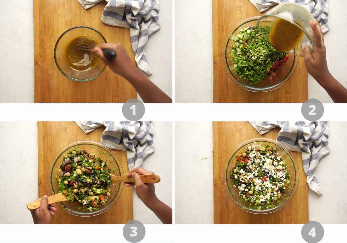 Step by step picture collage showing how to make mediterranean chickpeas salad