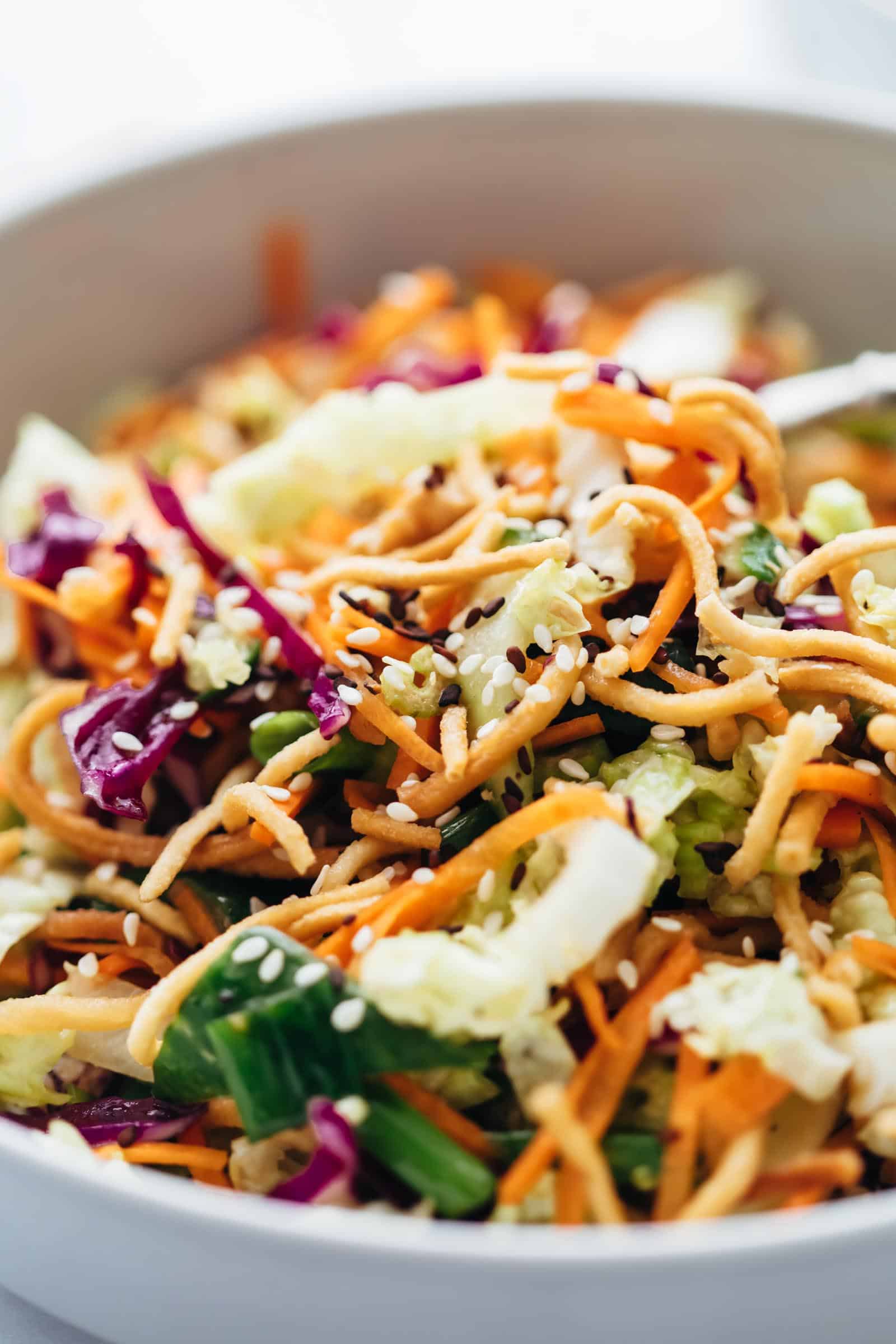 Close up of crunchy chinese chicken salad served in a bowl