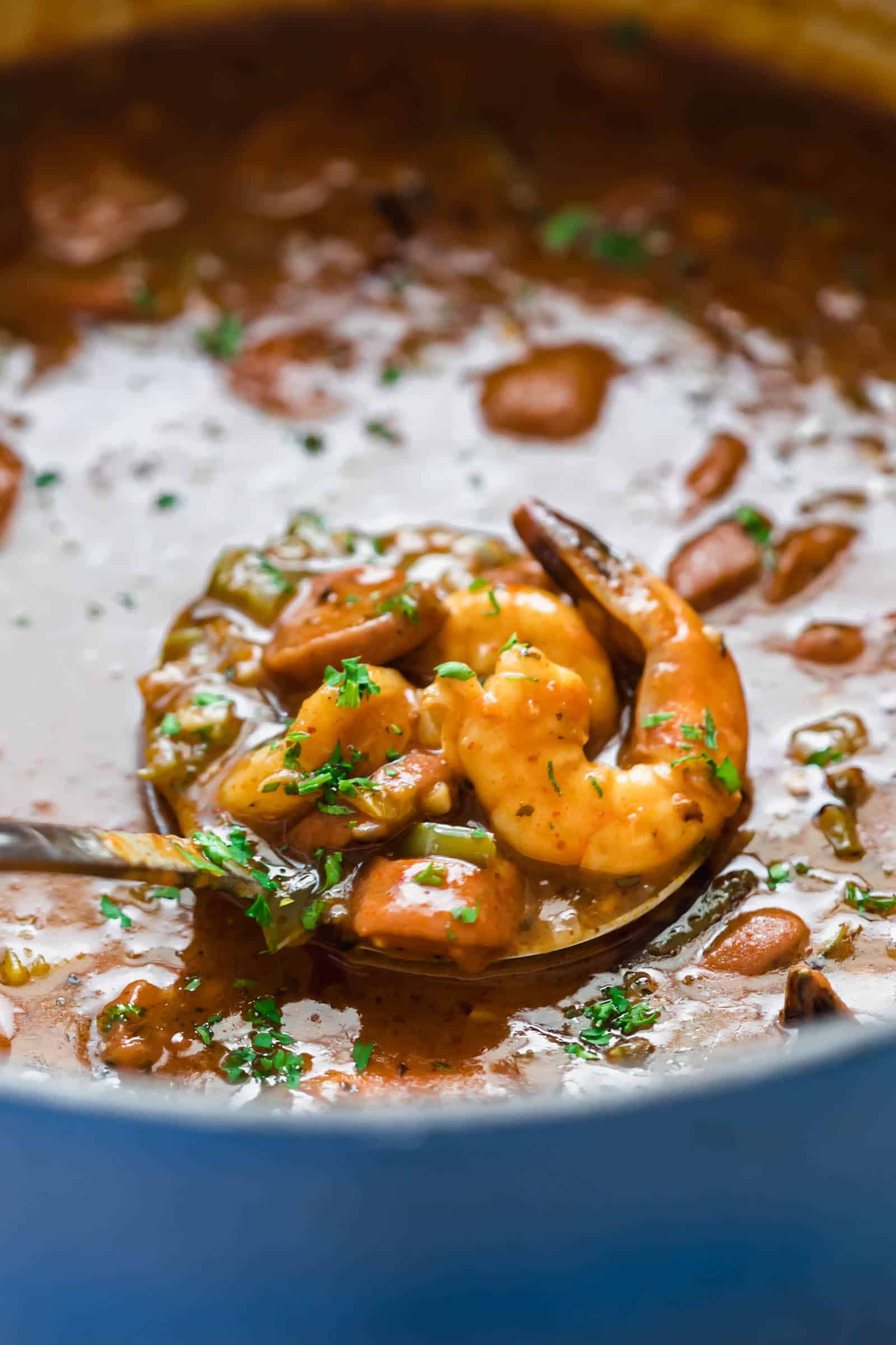 Close up of New Orleans Shrimp Sausage Gumbo in a pot