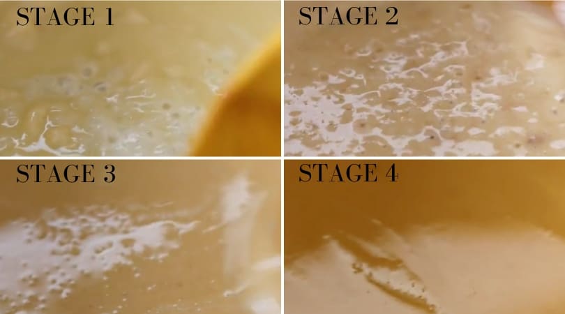 The four stages of making roux for New Orleans Shrimp Sausage Gumbo while its being cooked in a dutch oven