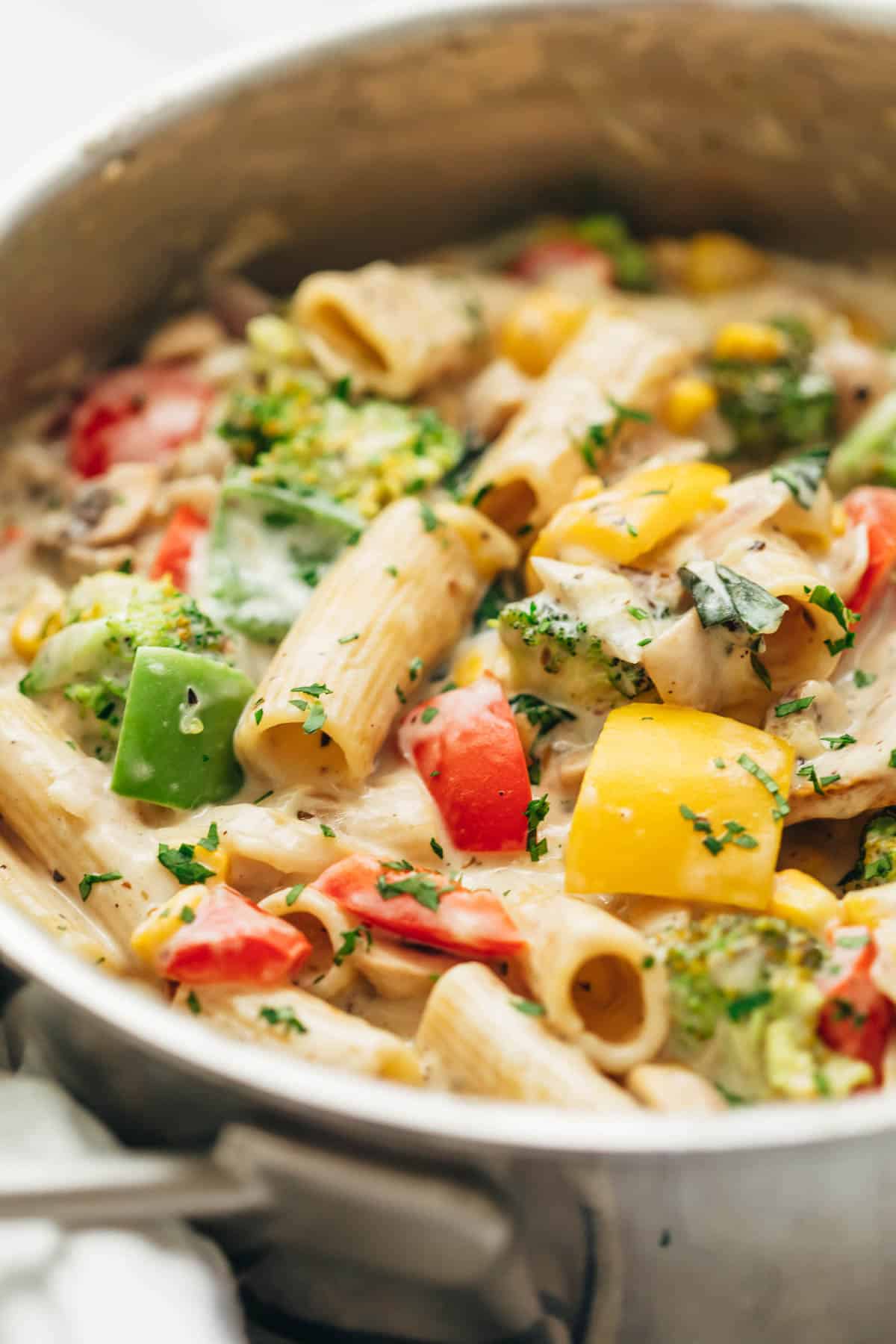 White sauce pasta with vegetables directly from the stovetop in a pan.