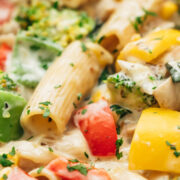 Closeup of white sauce pasta with vegetables