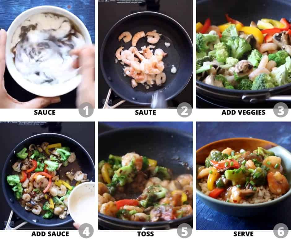 Step by step pictures to show how to make teriyaki shrimp broccoli stir fry