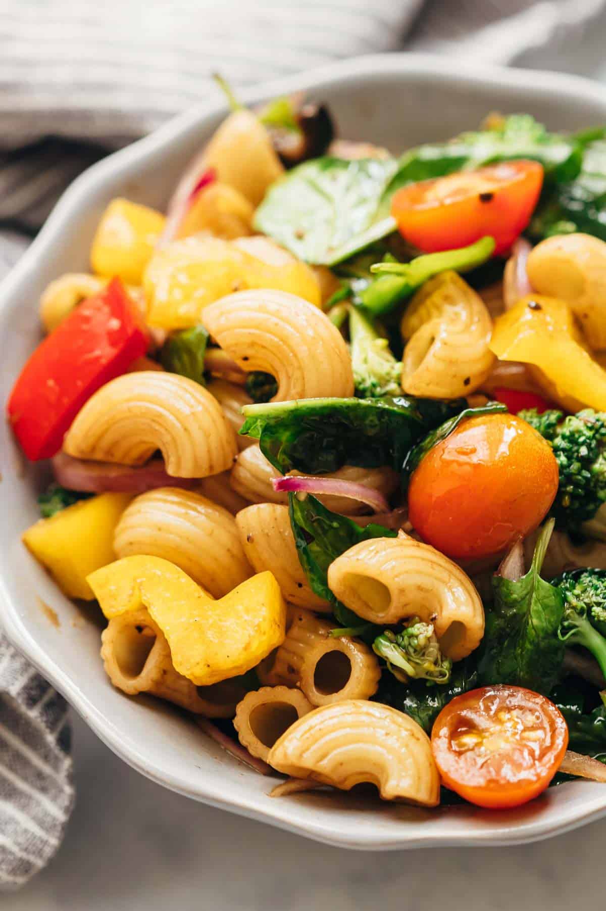 Vegan Pasta Salad with Italian Balsamic Dressing served in a bowl