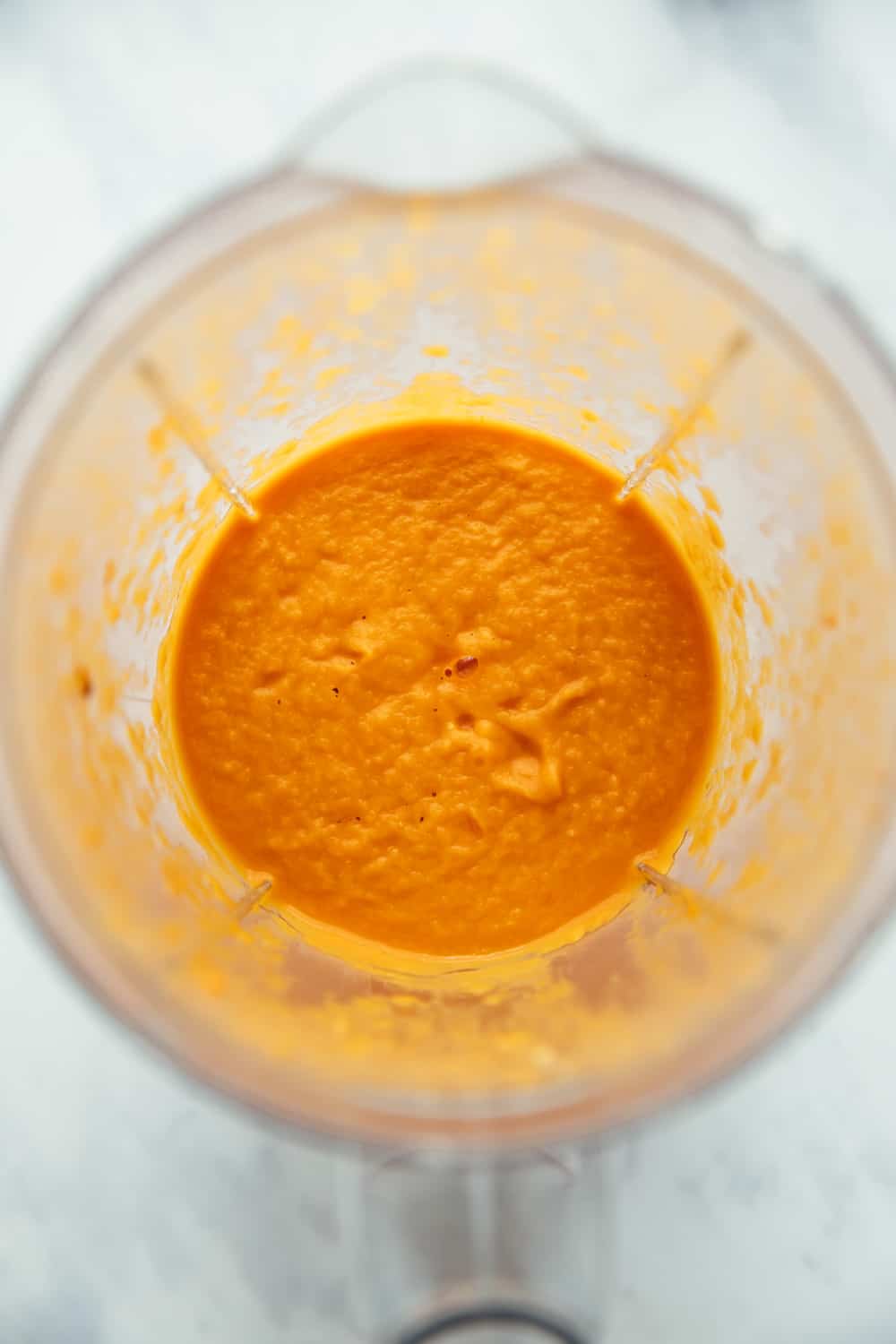Roasted tomato pesto soup blended in a blender