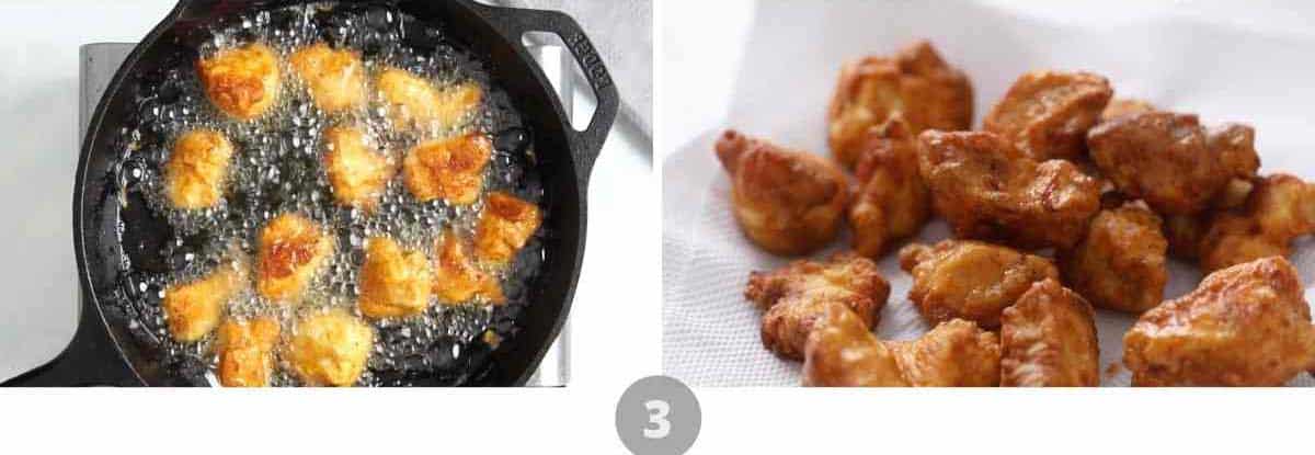 Step by step picture collage showing how to deep fry chicken