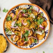 Easy Aloo Chaat - delhi style served on a plate with sev on the side