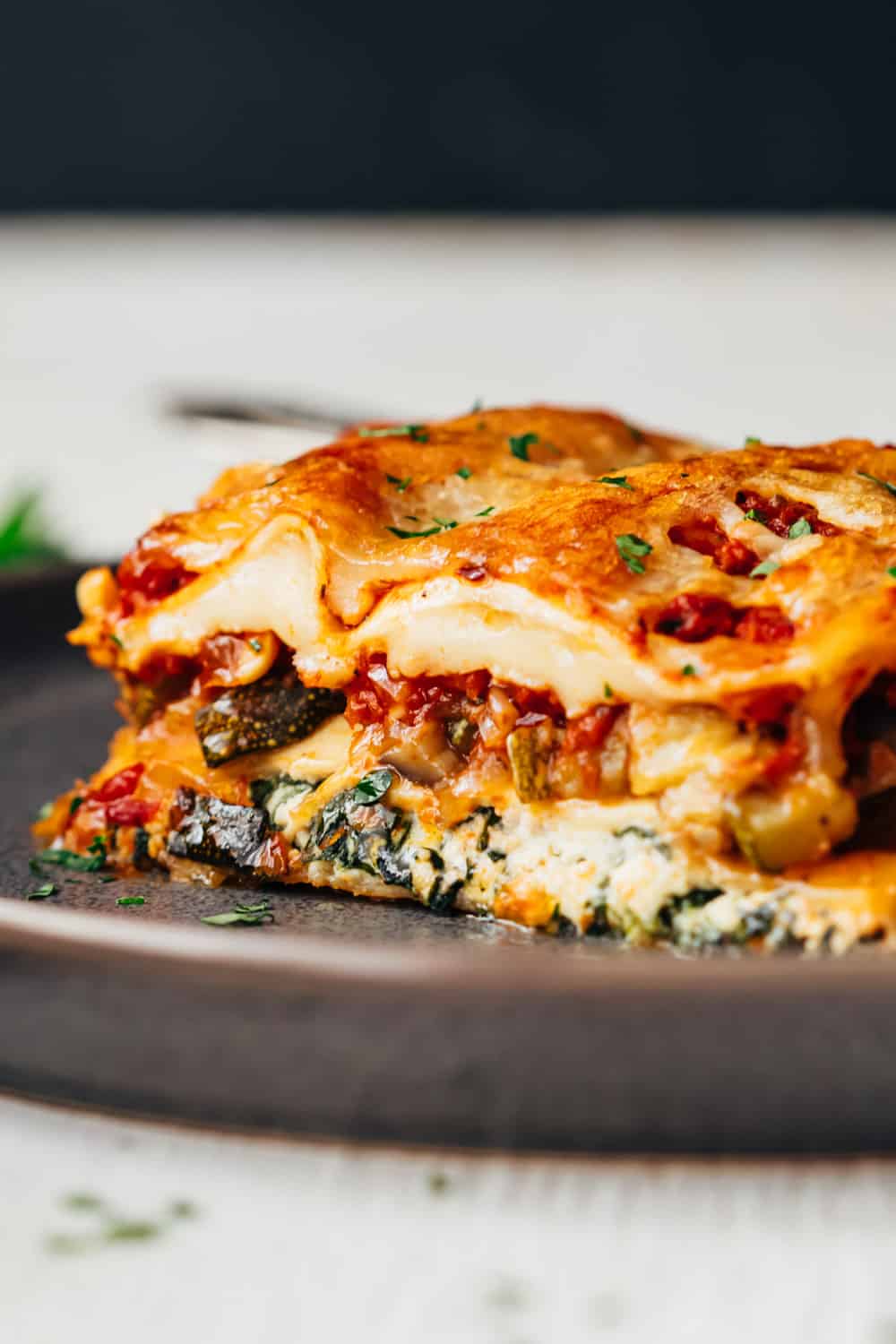 Closeup of the layers of vegetarian lasagna