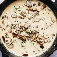 Creamy parmesan mushroom sauce in the pan, ready to be served