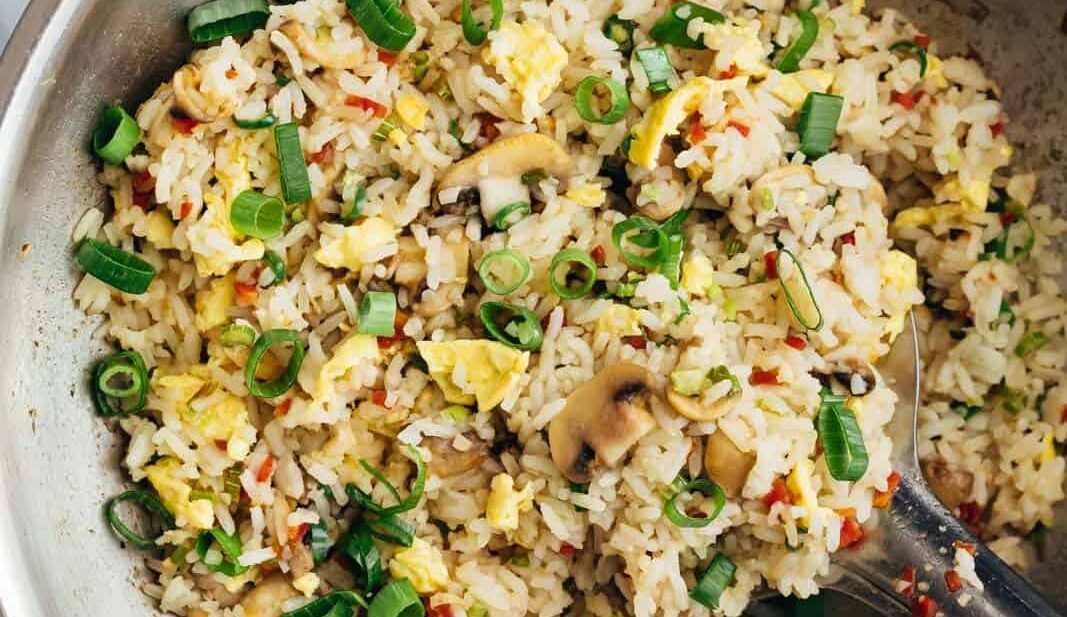 Egg fried rice in a wok straight from the stove