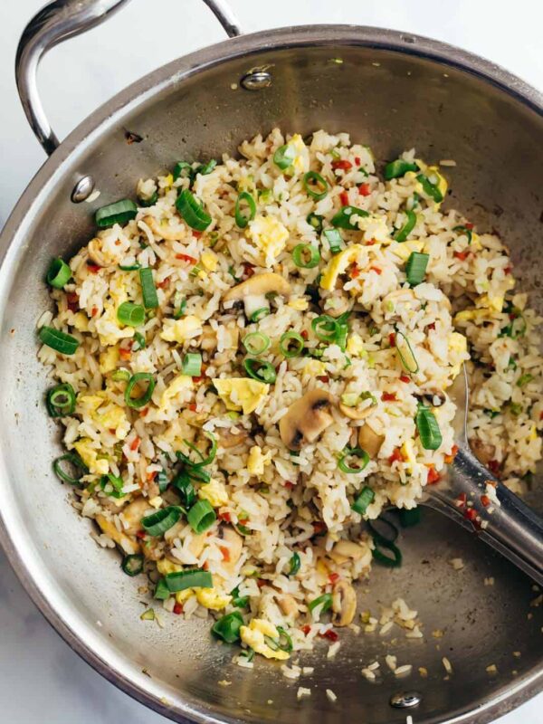 Egg fried rice in a wok straight from the stove