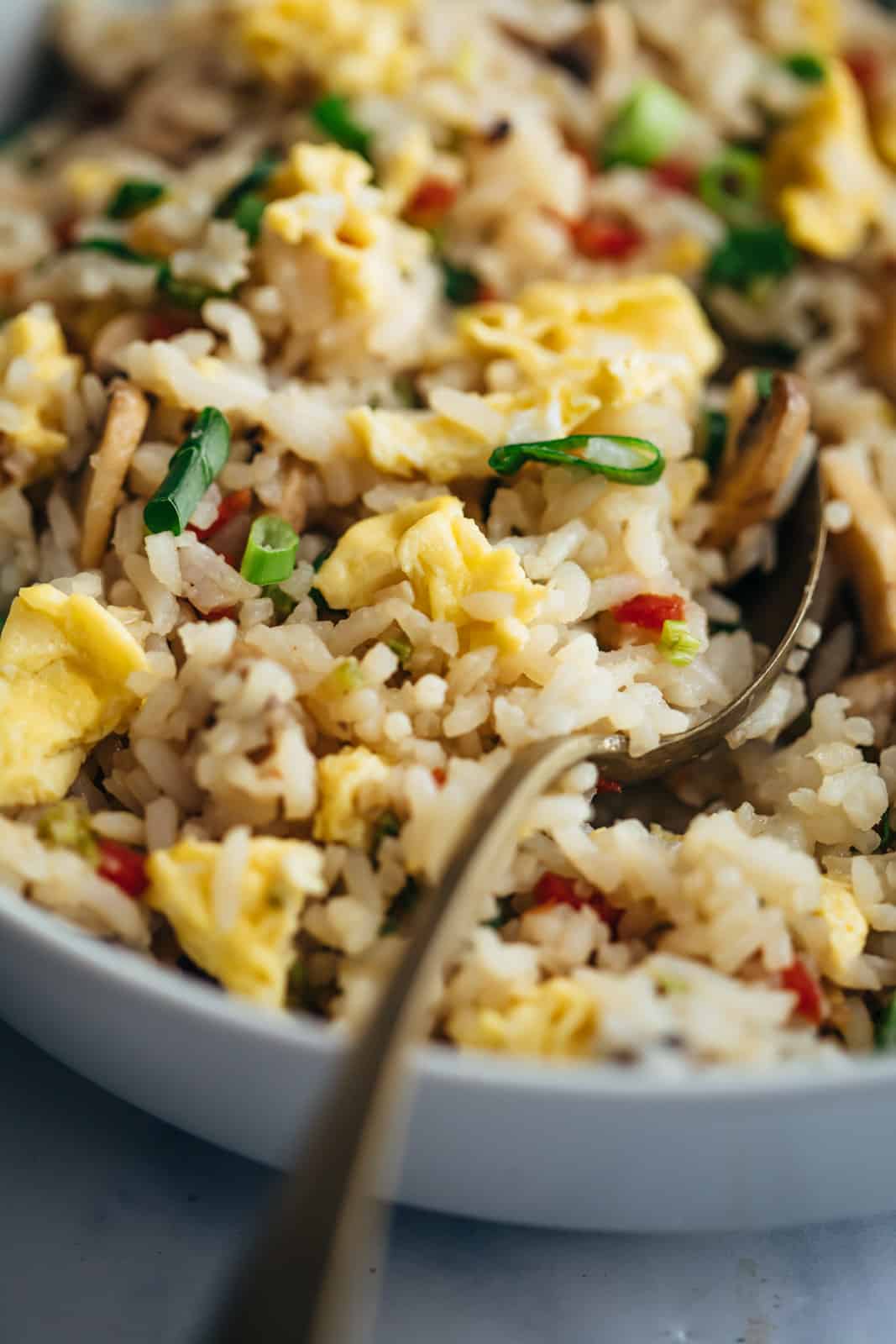 Closeup of Egg Fried rice served in a bowl with a spoon