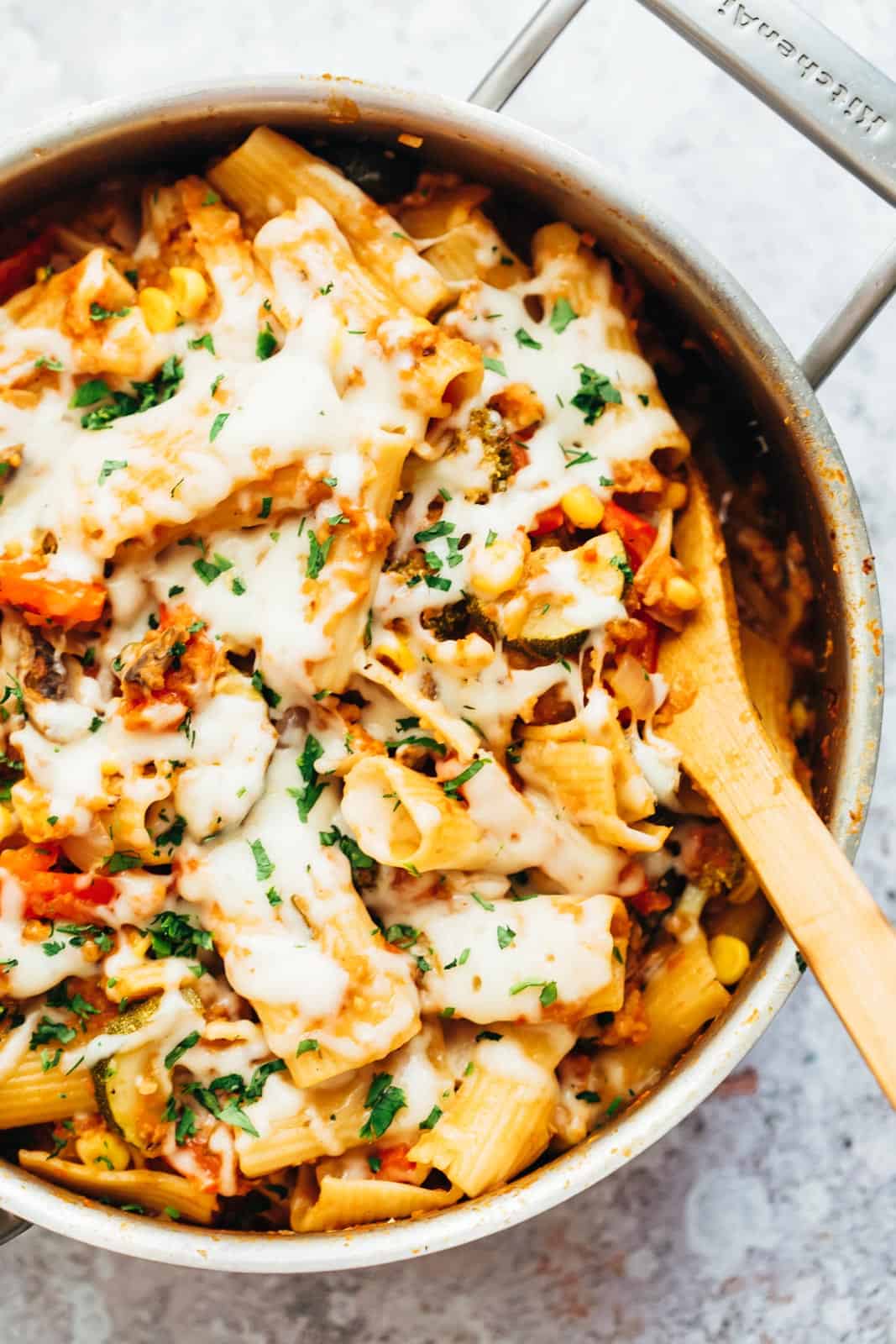 One pot vegetable pasta in a pan straight from the stove
