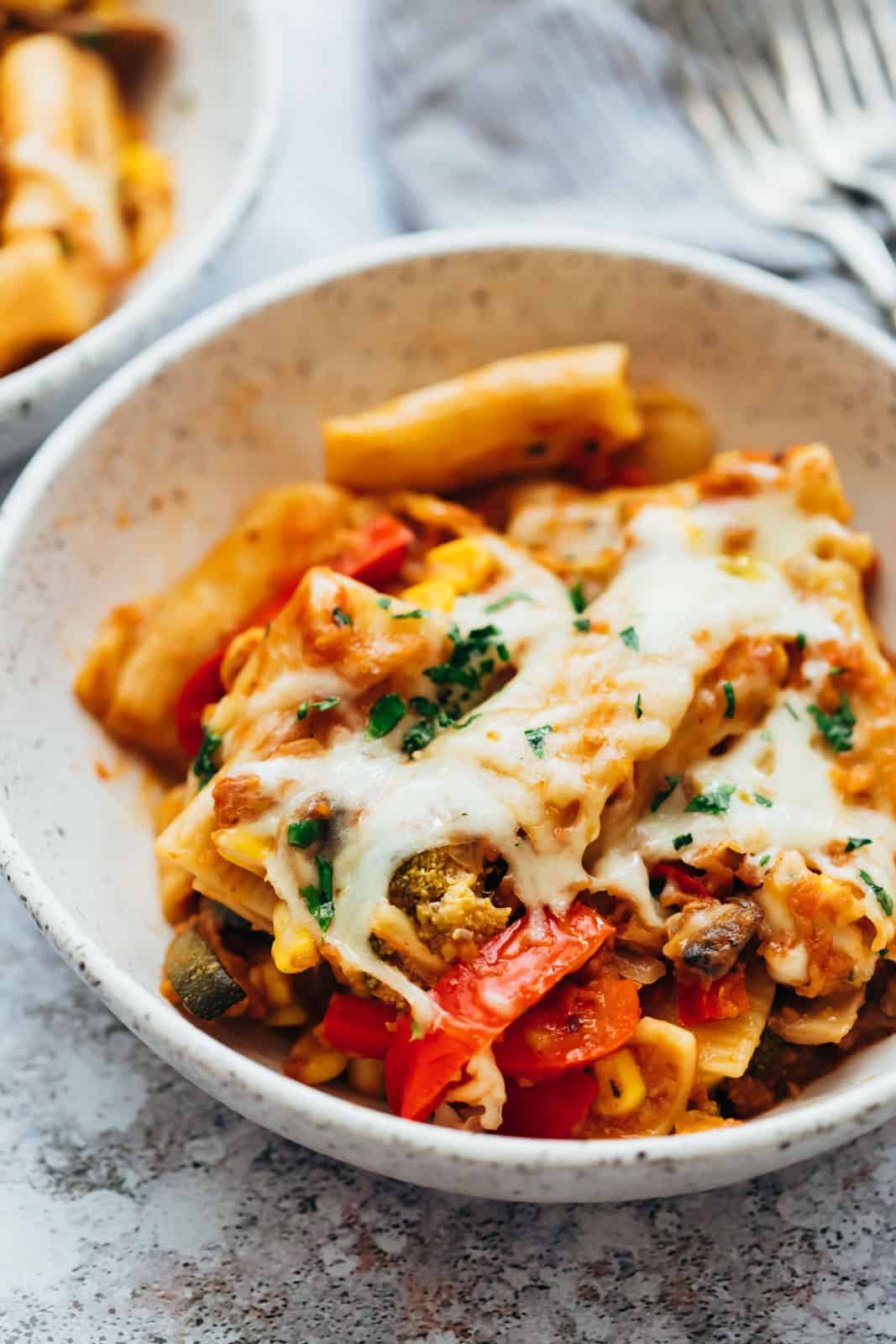 close up of One pot vegetable pasta in a bowl
