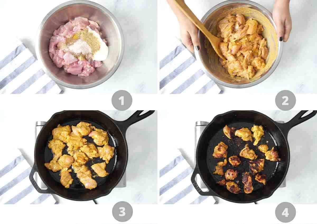 Step by step picture collage showing how to make butter chicken at home