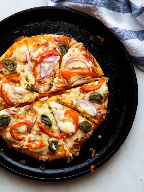 No yeast Pizza cooked on a cast iron skillet