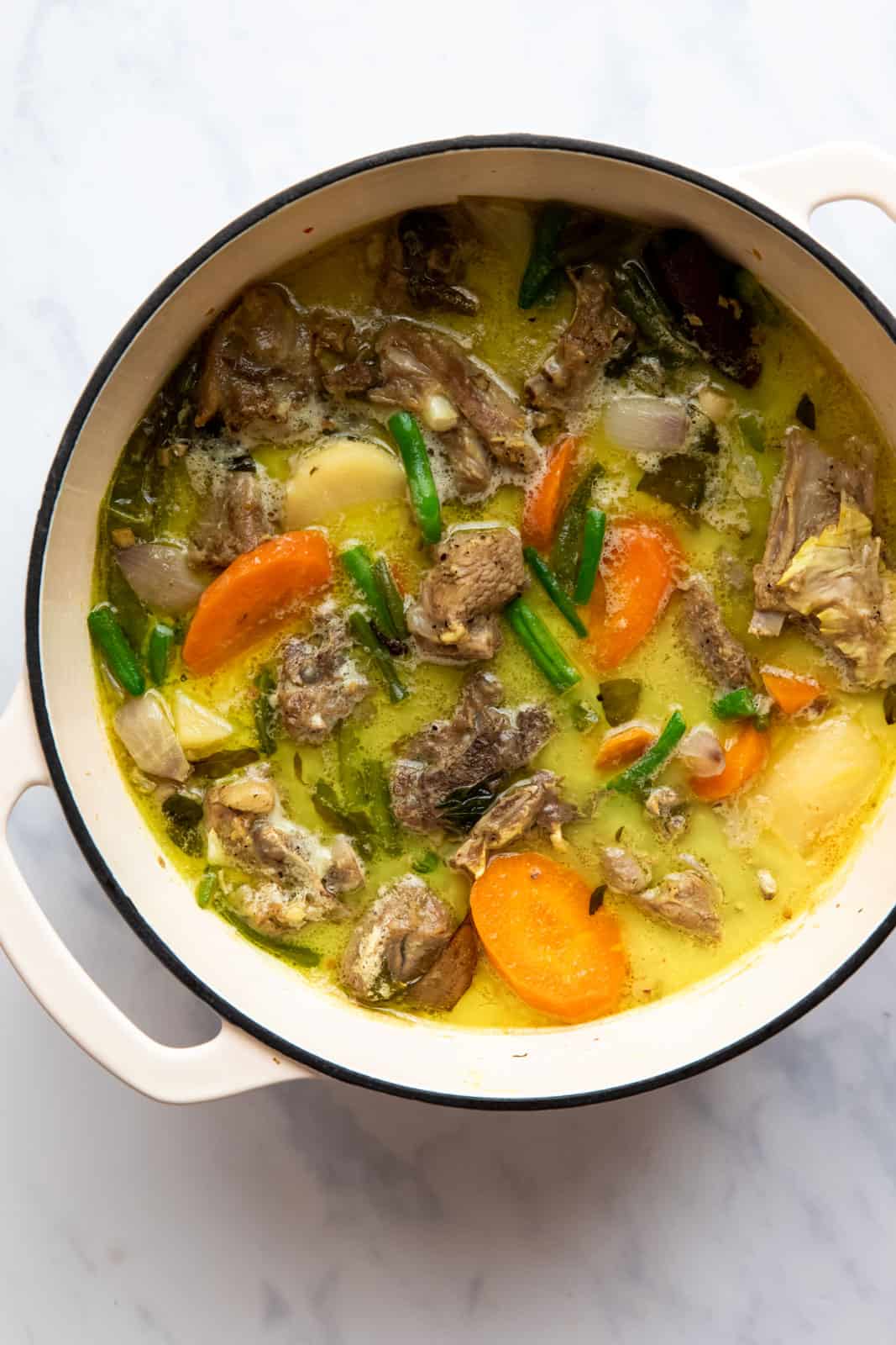 Mutton Stew fresh off the stove in a dutch oven
