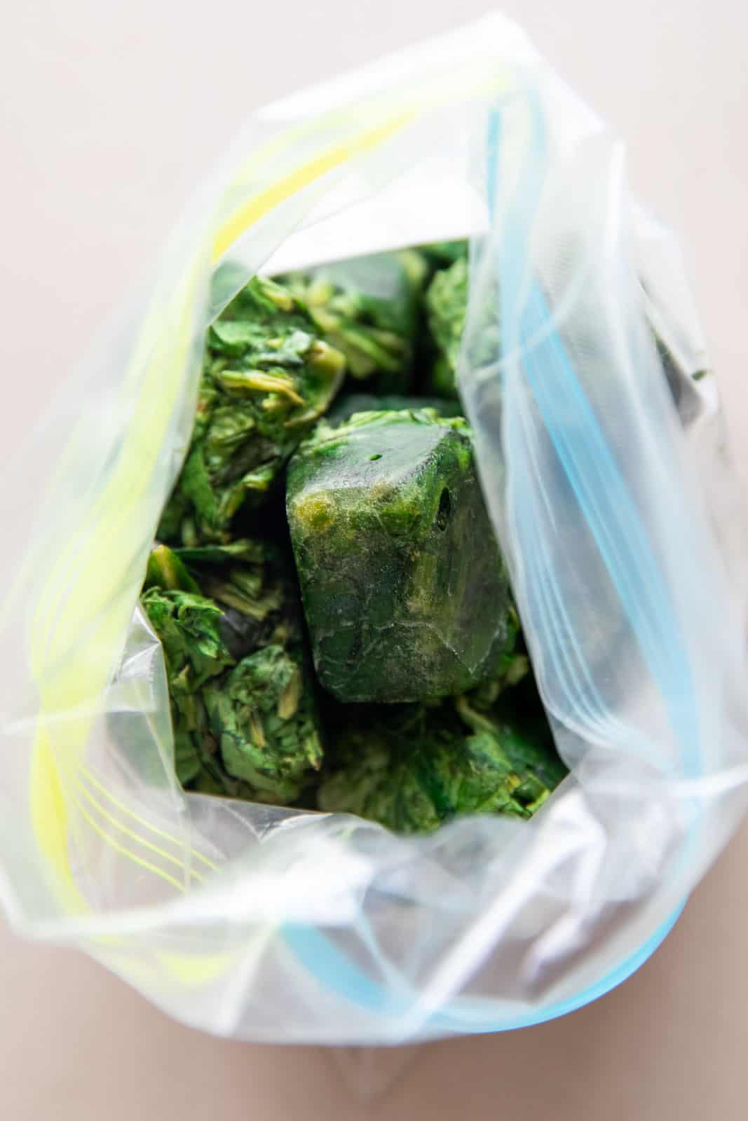Frozen spinach cubes stored in a ziplock bag for use later
