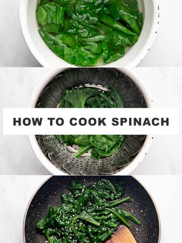 All three methods of cooking spinach shown in the picture as a collage with text overlay