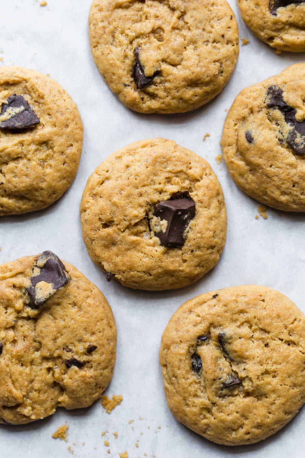 Eggless chocolate chips cookies freshly baked on a cookie sheet