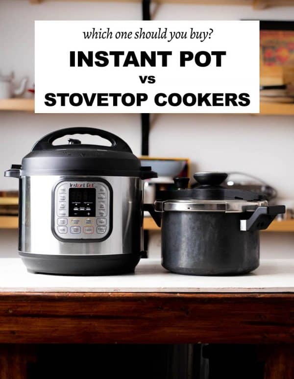 Picture of instant pot and stovetop pressure cooker side by side with text overlay